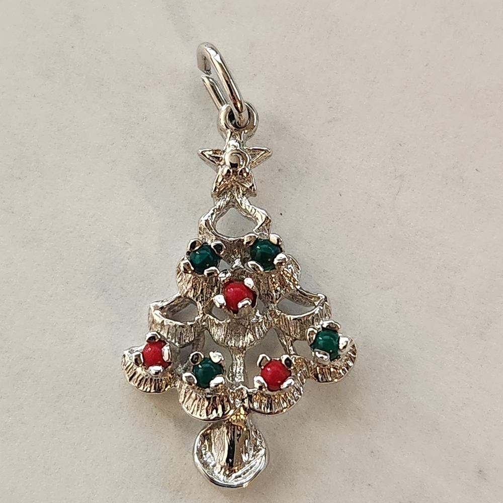 Sterling Silver Christmas Tree Pendant with Red and Green Accents